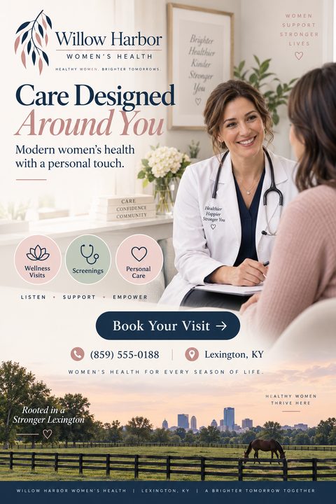Flyer for a women's health clinic. Top half shows a smiling female doctor talking to a patient. Bottom half shows a landscape with a city skyline and a horse in a field. Includes icons for wellness visits, screenings, and personal care.
