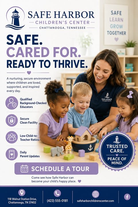 Flyer for Safe Harbor Children's Center. Headline reads 'Safe. Cared For. Ready to Thrive.' Photo shows a smiling teacher playing with three young children. Lists benefits like qualified educators and secure facility. Call to action: 'Schedule a.