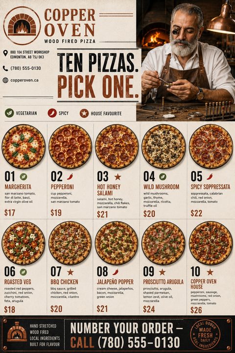 A rustic pizza menu flyer featuring a top photo of an artisan, a grid of ten numbered pizzas with descriptions and prices, and copper-colored typography on a cream background.