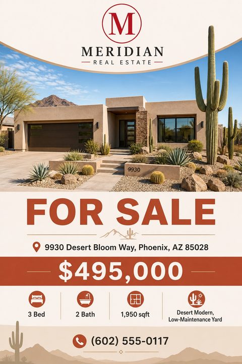 Real estate flyer for a desert modern home. Features a large photo of a house with cacti, 'FOR SALE' in large red letters, price, address, and property details with icons.