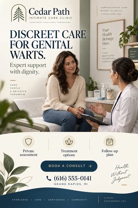 A professional medical flyer featuring a photo of a female patient consulting with a female doctor in a bright, modern clinic. The design uses calming cream, navy blue, and olive green tones.