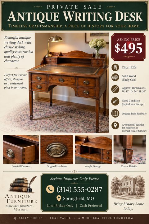 Flyer for a private sale of an antique writing desk. Features a large photo of the wooden desk, four smaller detail photos, asking price, specifications, and contact information on a cream and dark green background.