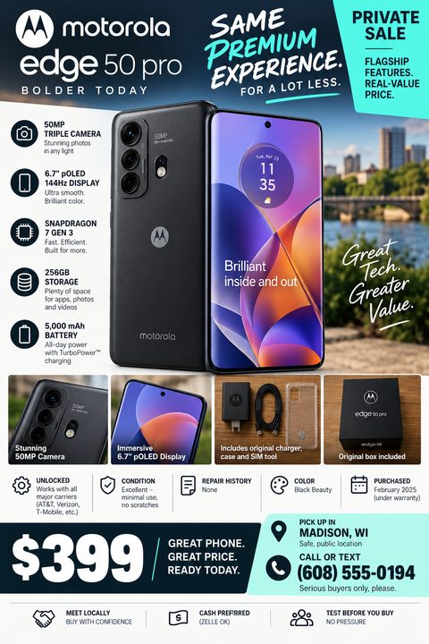A flyer advertising a private sale of a Motorola Edge 50 Pro smartphone for $399. It includes photos of the phone, its features, included accessories, and contact information for pickup in Madison, WI.
