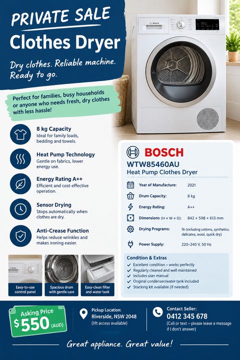 A private sale flyer for a clothes dryer featuring a large main photo, three smaller detail photos, a blue header, green price tag, and a detailed specification list with icons.