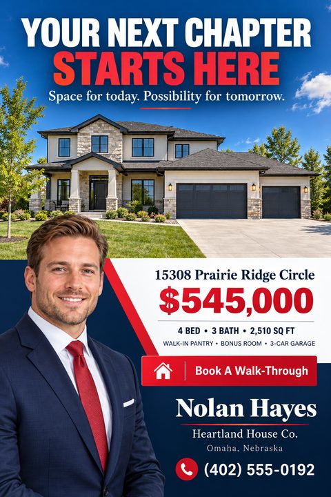 Real estate listing flyer featuring a large photo of a suburban house at the top, a bold navy and red color scheme, property details, and a real estate agent's portrait.