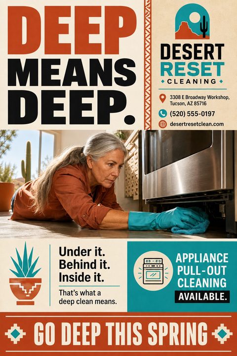 A flyer with a Southwestern theme, featuring bold text 'DEEP MEANS DEEP', a photo of a woman cleaning under an oven, desert motifs like cacti, and a teal and rust color palette.