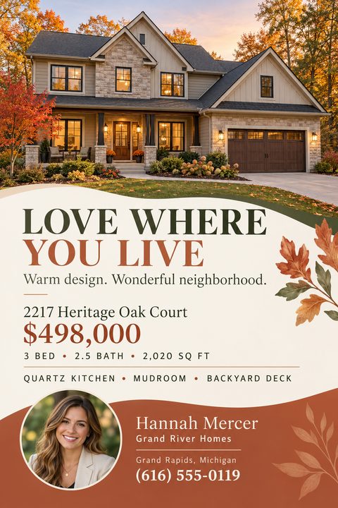 Real estate flyer featuring a large photo of a suburban home in autumn. The design uses wavy cream, rust, and olive green sections decorated with fall leaves, plus an agent headshot.
