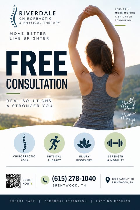 A flyer for Riverdale Chiropractic & Physical Therapy offering a free consultation. A woman stretches outdoors. Icons list services: chiropractic care, physical therapy, injury recovery, strength & mobility. Contact info and QR code included.