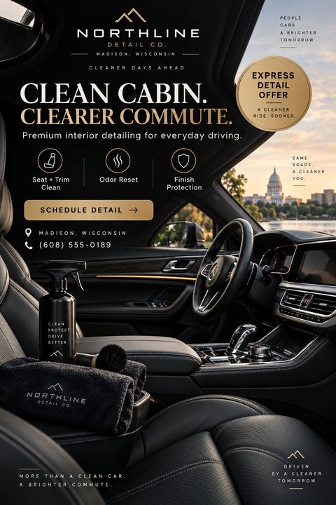 A luxurious black and gold flyer for an auto detailing company. The background shows a pristine car interior looking out at a city skyline. It features a gold 'Express Detail Offer' badge and service icons.