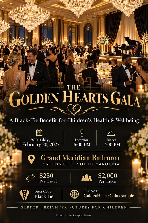 Elegant black and gold charity gala flyer. The top features a photo of a luxurious ballroom with guests in formal wear. The bottom displays event details in gold text on a black background.