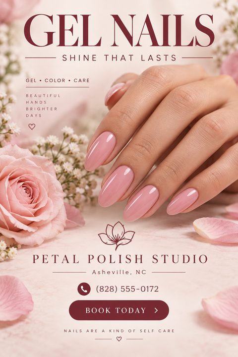 A flyer for gel nails featuring a close-up of a hand with a fresh pink gel manicure resting on a surface surrounded by pink roses and white baby's breath flowers. The text is in a deep burgundy color on a soft pink background.