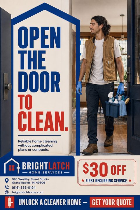 A flyer for a home cleaning service featuring a man carrying a cleaning caddy walking through a front door. The design uses bold red, white, and blue colors with a house-shaped text frame.