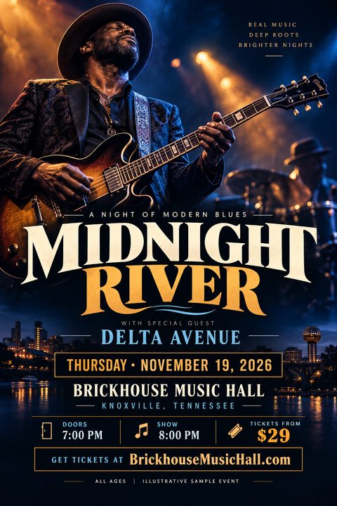 A concert flyer featuring a guitarist performing on stage under warm lights, set above a nighttime cityscape with a river. The text is styled in bold, classic typography in cream and gold.
