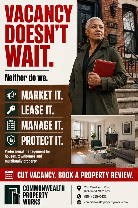 Property management flyer with bold red text 'Vacancy Doesn't Wait. Neither do we.' Features a professional woman holding a red folder, service icons for Market, Lease, Manage, Protect, and an interior living room photo.