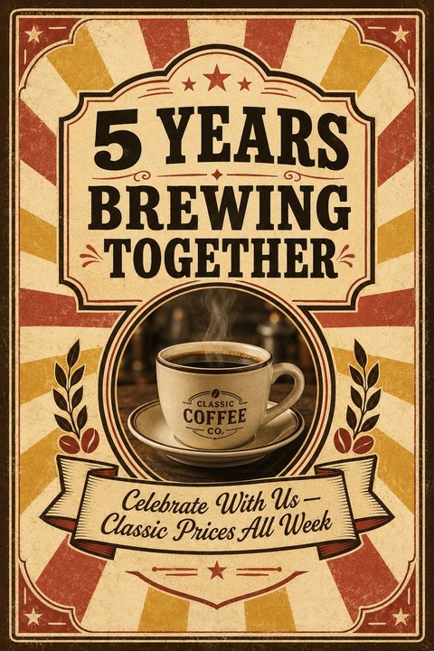 Vintage-style flyer with a red and yellow sunburst background. It features ornate borders, a central photo of a steaming coffee cup, laurel wreaths, and a ribbon banner for anniversary text.