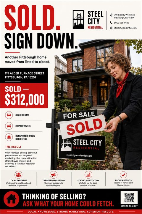 A real estate flyer featuring bold red and black text reading 'SOLD.' alongside a photo of an agent putting a sold sticker on a sign in front of a brick house.