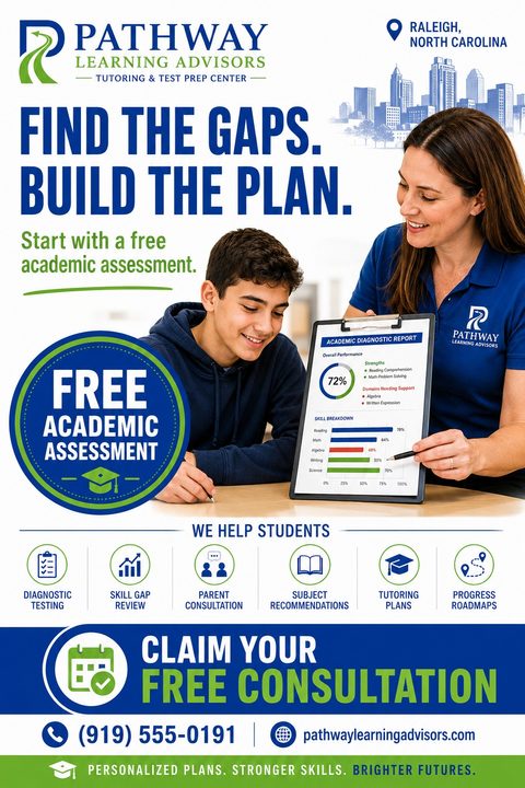 A tutoring flyer with a photo of a tutor showing a diagnostic report to a smiling student. It features bold blue and green text, a large Free Academic Assessment badge, and service icons.