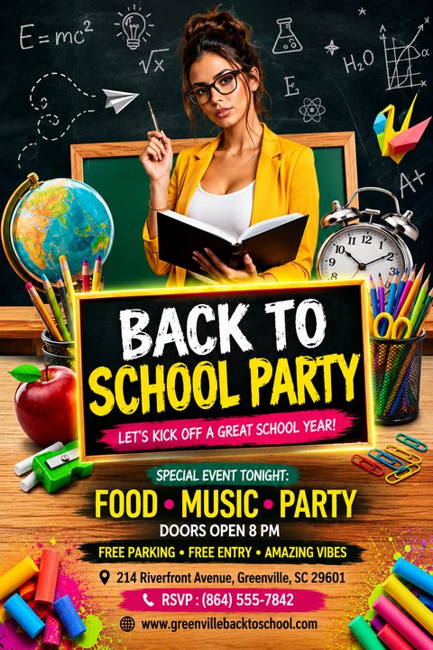 A vibrant flyer featuring a woman holding a book before a doodled chalkboard. A glowing sign reads Back to School Party, surrounded by colorful school supplies like pencils, an apple, and a globe.