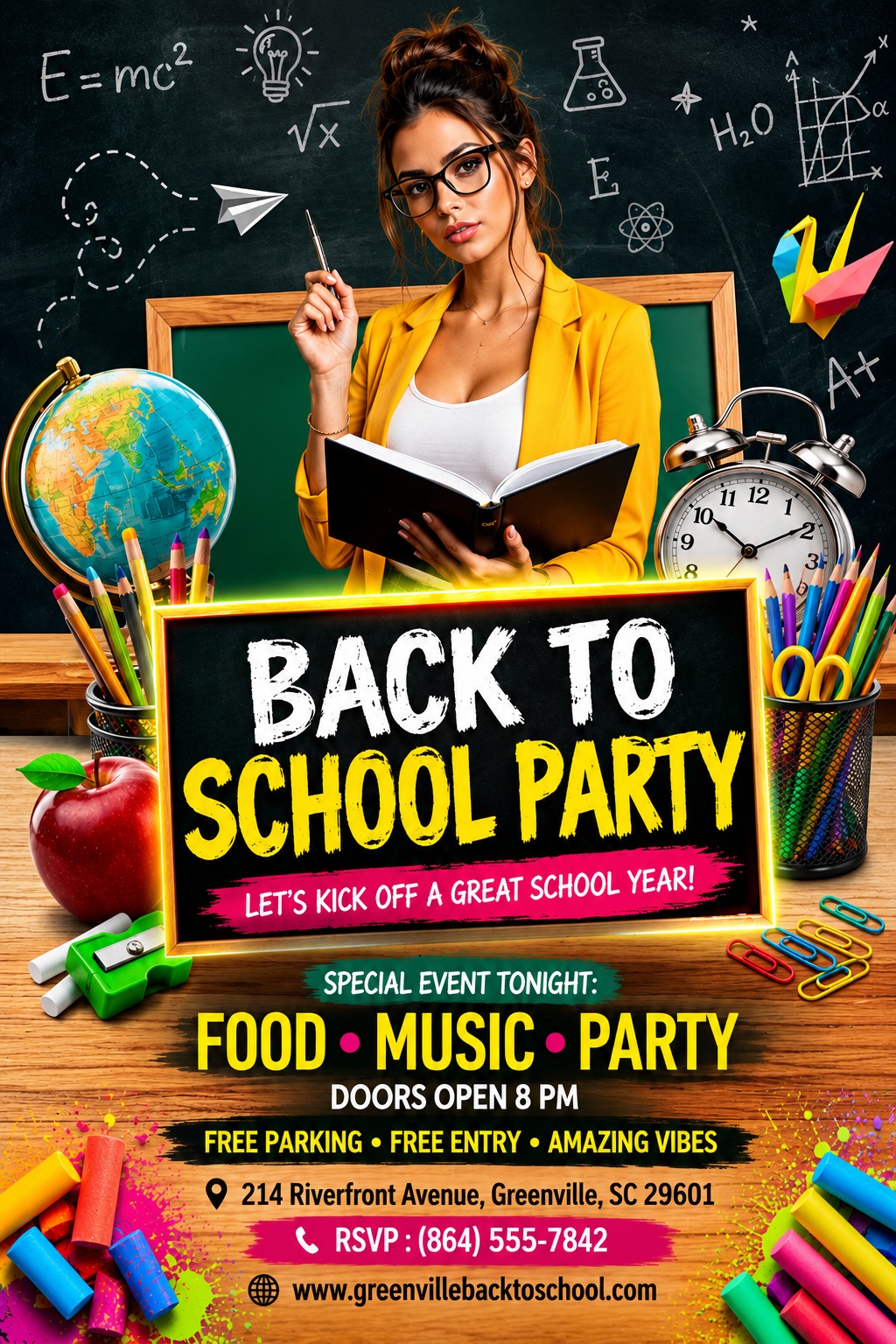 A vibrant flyer featuring a woman holding a book before a doodled chalkboard. A glowing sign reads Back to School Party, surrounded by colorful school supplies like pencils, an apple, and a globe.