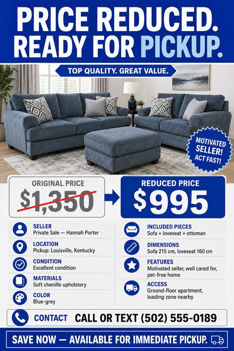 Flyer titled 'Price Reduced. Ready for Pickup.' featuring a photo of a blue sofa set, a crossed-out original price, a new reduced price, and bulleted details like condition, dimensions, and contact info.