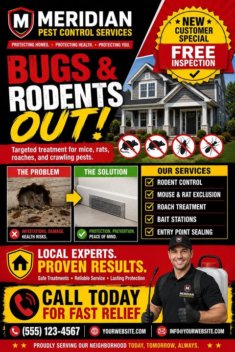 A bold red, black, and yellow pest control flyer featuring a house, a technician, pest icons, and a before-and-after section showing a mouse hole and a sealed vent.