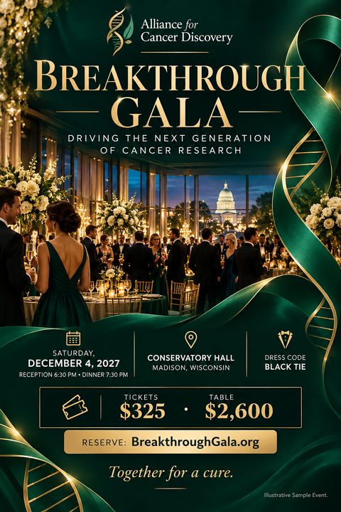 Elegant fundraising gala flyer with a large photo of people in formal wear at a dinner event, framed by swirling green ribbons and gold DNA strands. Text reads 'Breakthrough Gala' with event details and ticket prices.