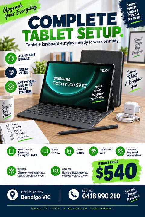 Flyer advertising a complete tablet setup for sale, featuring a large photo of a tablet with keyboard and stylus on a desk, detailed specs with icons, and a prominent bundle price.