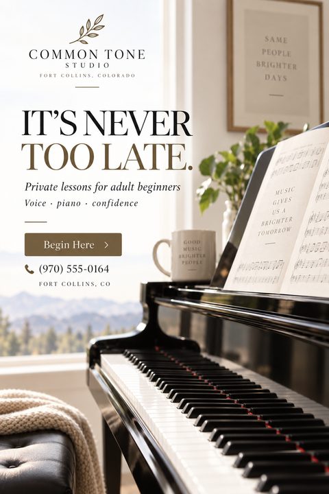 A flyer for Common Tone Studio advertising private music lessons for adult beginners in voice and piano. The background features a grand piano with sheet music in a bright room with a mountain view.