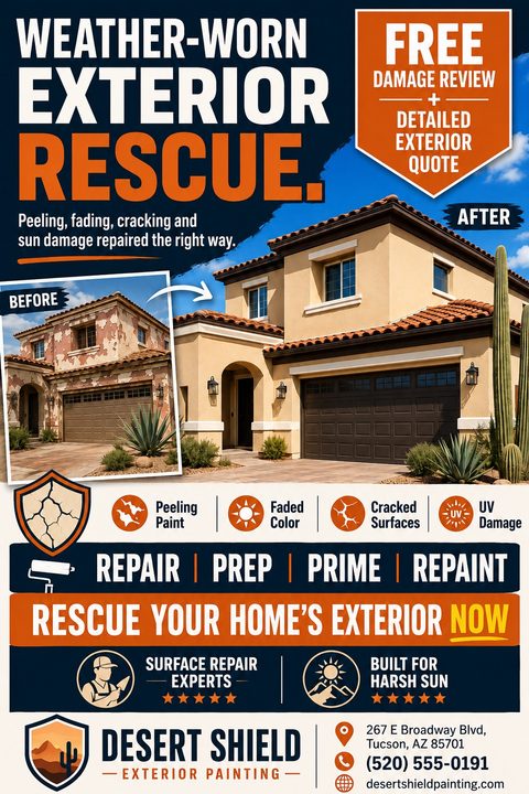 A bold exterior painting flyer featuring a large "after" photo of a freshly painted house and a smaller "before" inset showing peeling paint. It uses navy blue, orange, and white with service icons.