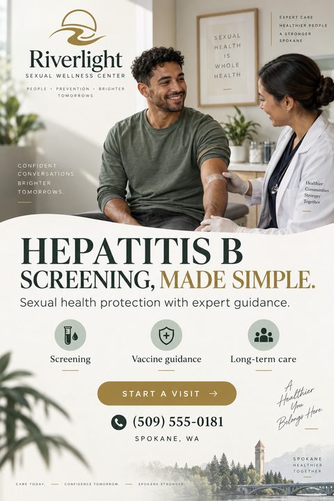 Flyer template for a medical screening. Top half shows a smiling man getting a bandage on his arm from a female doctor. Bottom half has a wavy border, large text 'Hepatitis B Screening, Made Simple', three icons for screening, vaccine guidance, and.
