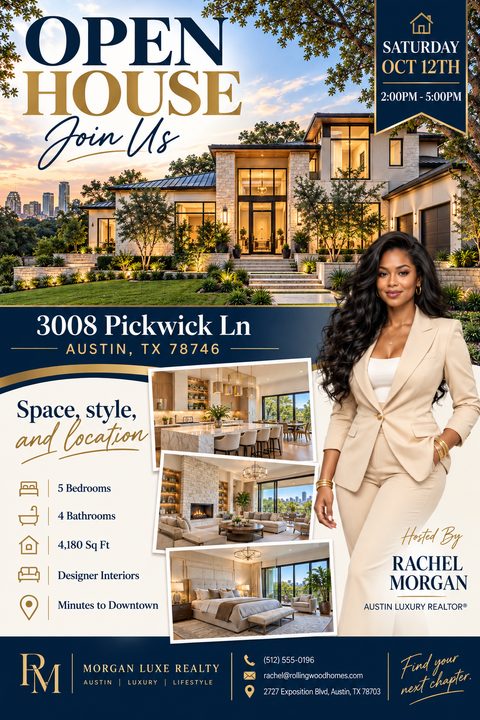 Luxury real estate open house flyer template with a navy and gold color scheme. Features a large modern home exterior, three interior photos, property details, and a realtor portrait.