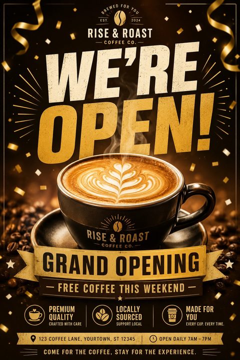 Flyer for a coffee shop grand opening. Large text reads 'WE'RE OPEN!' above a steaming cup of latte art surrounded by coffee beans and gold confetti. A banner says 'GRAND OPENING - FREE COFFEE THIS WEEKEND'.