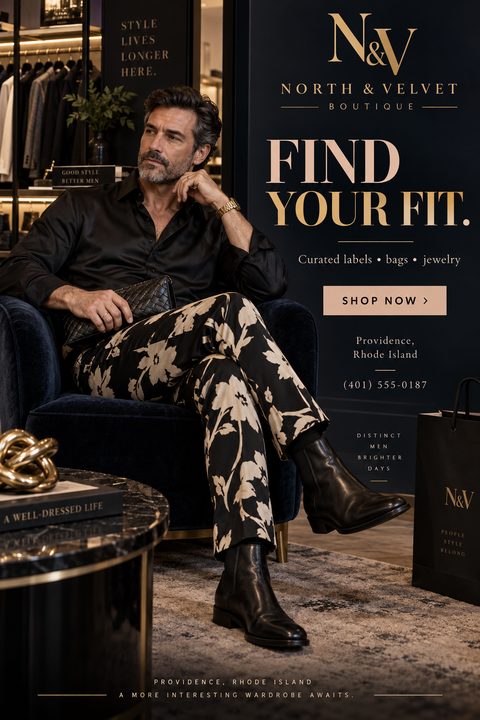 A sophisticated dark flyer for a fashion boutique featuring a stylish man sitting in a velvet chair wearing floral pants. The design includes elegant gold typography, a 'Shop Now' button, and contact details.