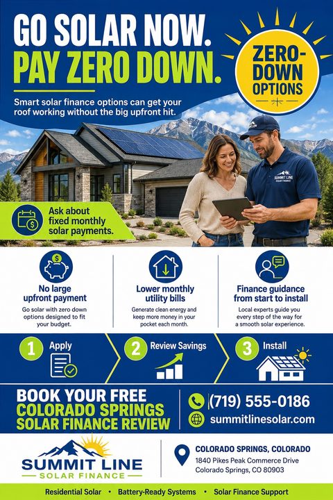 Flyer for solar financing. Headline reads 'Go Solar Now. Pay Zero Down.' Features a photo of a solar installer showing a tablet to a homeowner in front of a house with solar panels. Includes icons for benefits and a 3-step process: Apply, Review.
