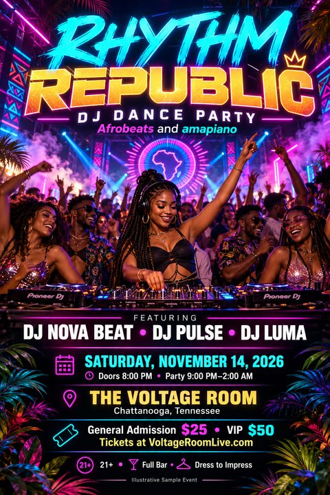 A vibrant neon flyer for a DJ dance party featuring a female DJ at the decks with a crowd dancing behind her. The text reads 'Rhythm Republic DJ Dance Party Afrobeats and amapiano'.