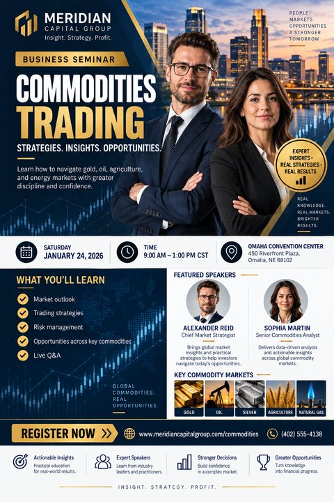 A professional business seminar flyer featuring a navy blue background with gold accents, stock market charts, a cityscape, two smiling professionals, speaker headshots, and event details.