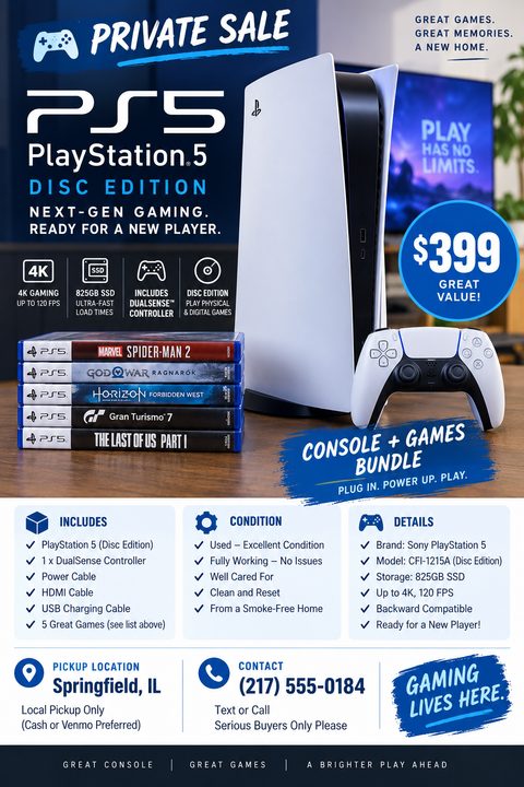 A private sale flyer for a PlayStation 5 console and games bundle. The design features a large photo of the console, a blue price bubble, and organized sections for included items, condition, details, and contact information.