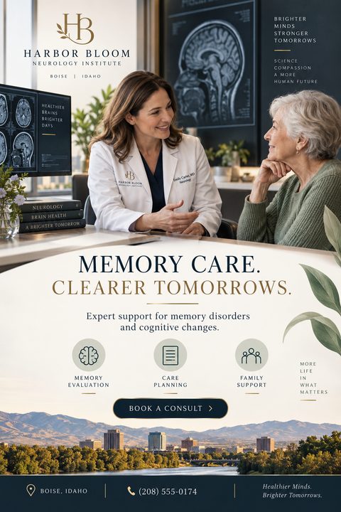 A medical clinic flyer featuring a doctor consulting an elderly patient. The design uses a cream background with navy blue and gold text, three service icons, and a city landscape photo.