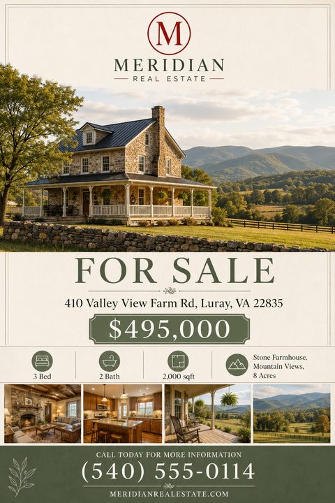 Elegant real estate flyer for a rural property. Features a large photo of a stone farmhouse, 'For Sale' text, price, property details with icons, and a four-photo gallery over a cream and green background.