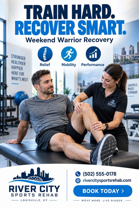 A flyer for a sports rehab clinic. The headline reads 'Train Hard. Recover Smart.' A photo shows a female therapist examining a male patient's knee in a gym setting. Icons highlight Relief, Mobility, and Performance.