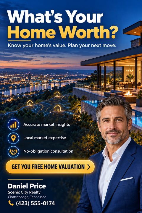Real estate flyer with a twilight cityscape view from a luxury home. Features a large photo of a male agent, bold text asking "What's Your Home Worth?", bullet points, and a yellow call-to-action button.
