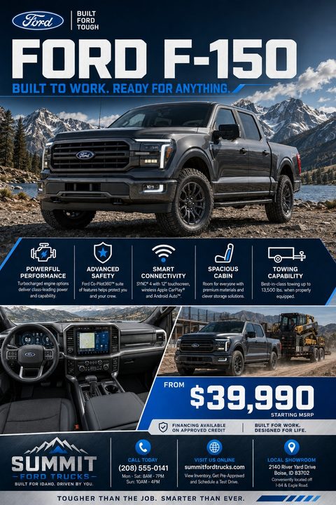 A promotional flyer for a Ford F-150 truck. It features a large image of a dark grey truck in a mountainous landscape, followed by icons highlighting features like performance and safety. Below are smaller images of the interior and the truck towing.