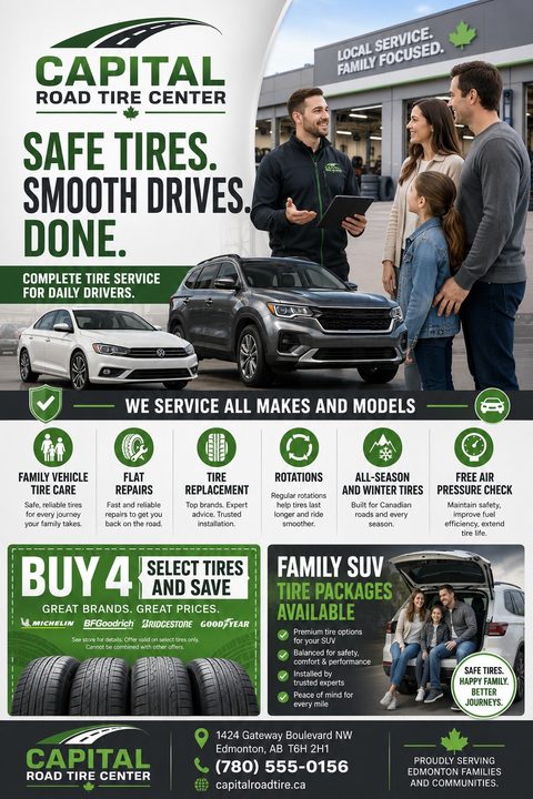 Flyer for a tire center featuring a mechanic talking to a family, icons for various tire services, and a 'Buy 4 Select Tires and Save' promotion.