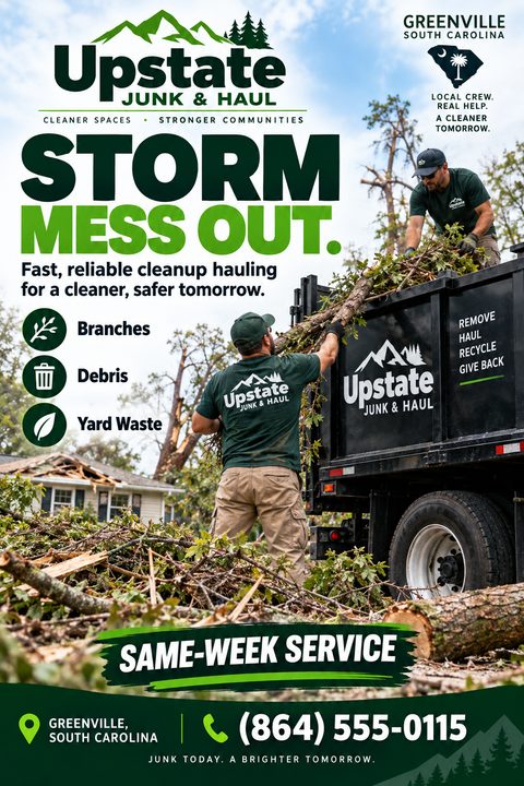 A flyer for a junk and haul service featuring two men loading tree branches and debris into a large black dump truck after a storm. Bold green text reads Storm Mess Out.