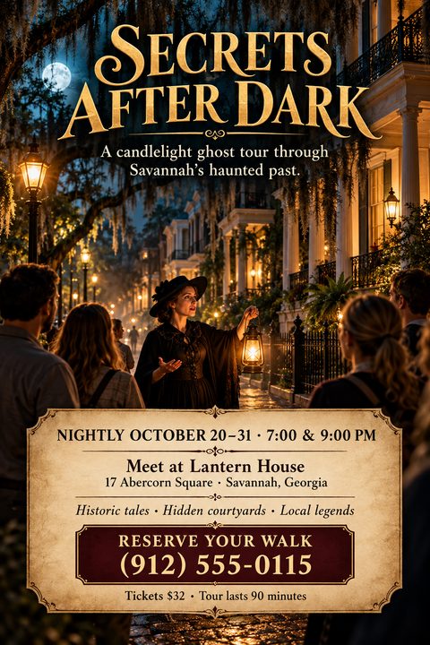 A cinematic flyer for a ghost tour featuring a woman in period dress holding a lantern, leading a group down a historic, moss-draped street at night. Event details are on a parchment-style banner.