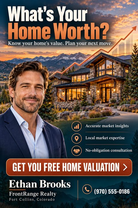 A real estate flyer titled "What's Your Home Worth?" featuring a smiling male agent in the foreground, a luxurious mountain home at sunset in the background, a rising graph, and a free valuation call-to-action.