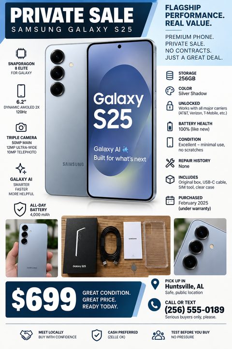 A modern flyer for a private phone sale featuring a large central image of a smartphone, surrounded by icon-bulleted specs, smaller detail photos, a large price, and contact information in navy and light blue.