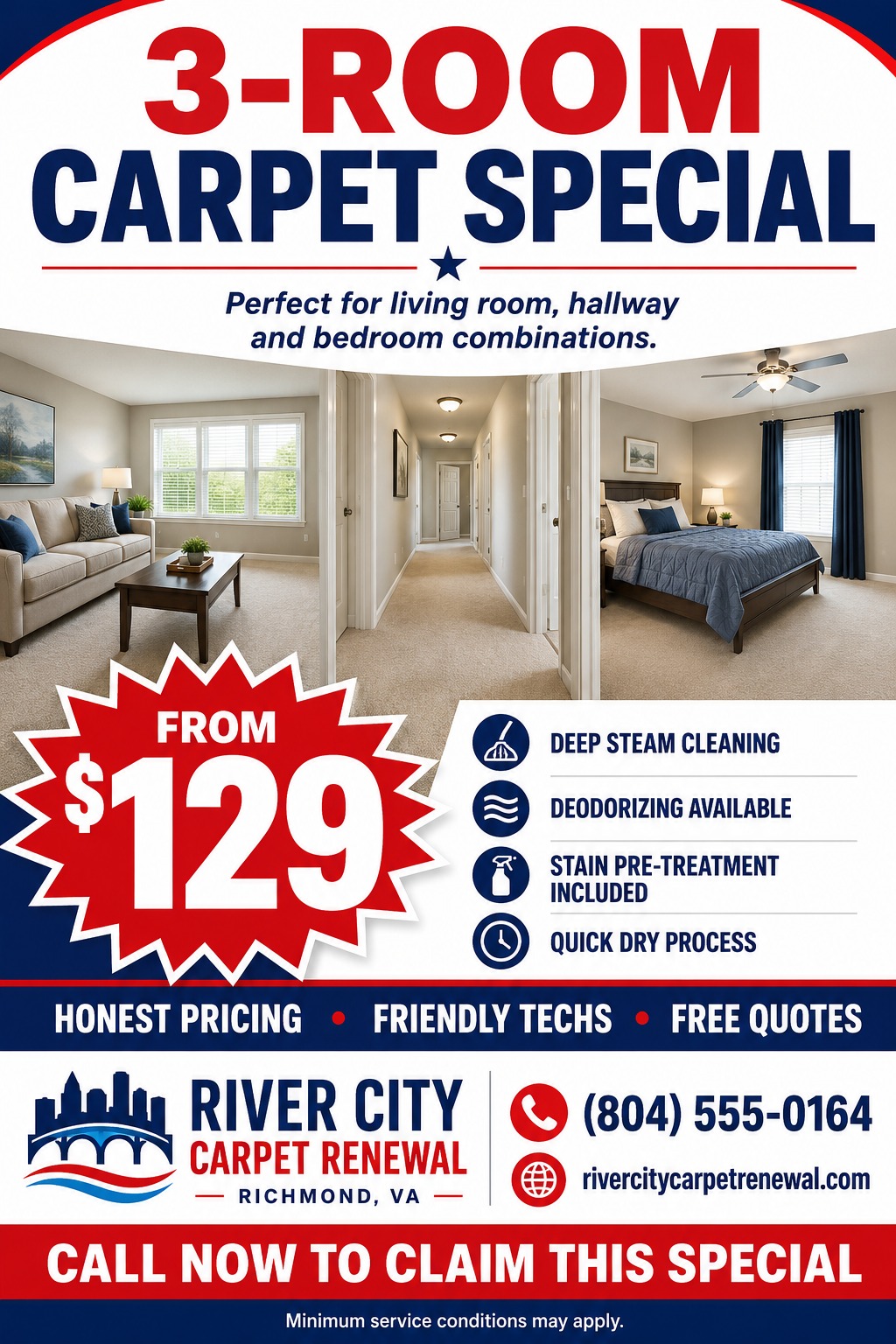 Flyer for a 3-room carpet special. Large red and blue text at the top. Three photos show a living room, hallway, and bedroom. A red starburst shows a price. Icons list services like deep steam cleaning. Bottom has contact info for River City Carpet.