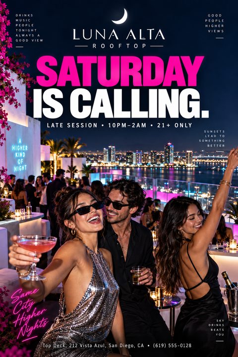 A vibrant flyer for a rooftop bar event featuring a photo of stylish people partying at night with a city skyline behind them. Bold hot pink and white text reads 'Saturday is Calling.'
