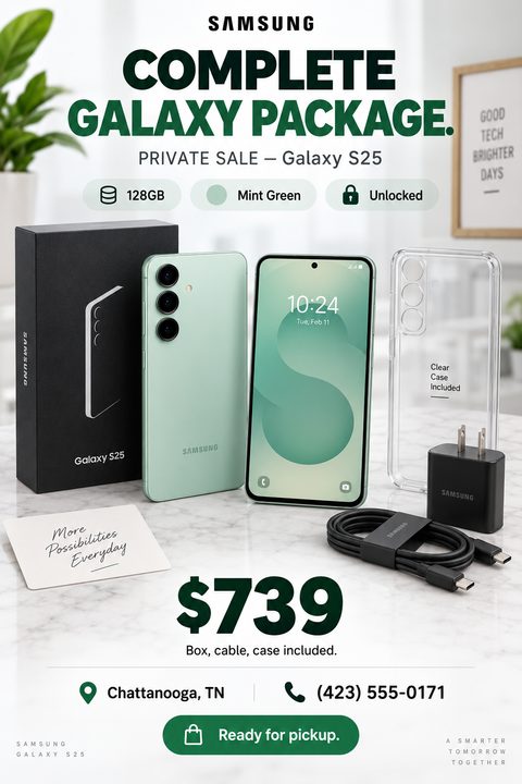 A modern private sale flyer for a smartphone bundle. It features a mint green phone, its black box, clear case, charger, and cable on a marble surface, with bold dark green text and price.